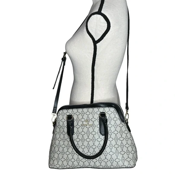 Nanette Lepore Gray Black Logo Print Zip Top Dome Satchel Crossbody Bag - Picture 13 of 13